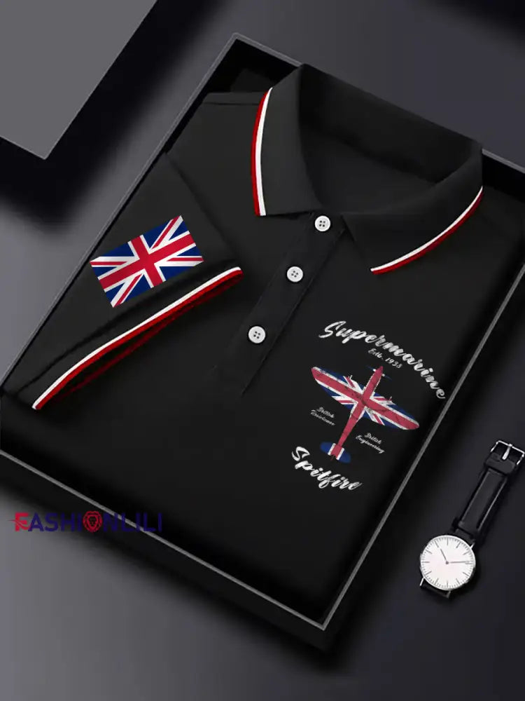 Men’s Vintage Supermarine Spitfire British Flag Print Casual Top Black / S