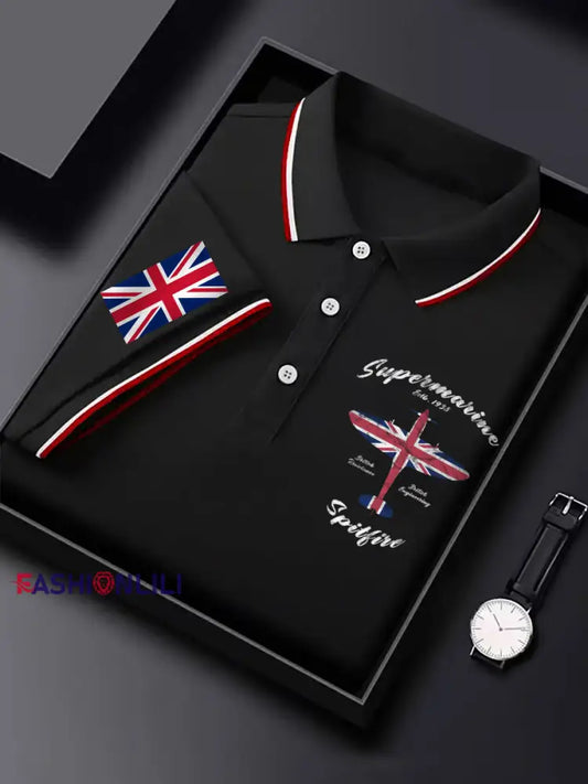 Men’s Vintage Supermarine Spitfire British Flag Print Casual Top Black / S