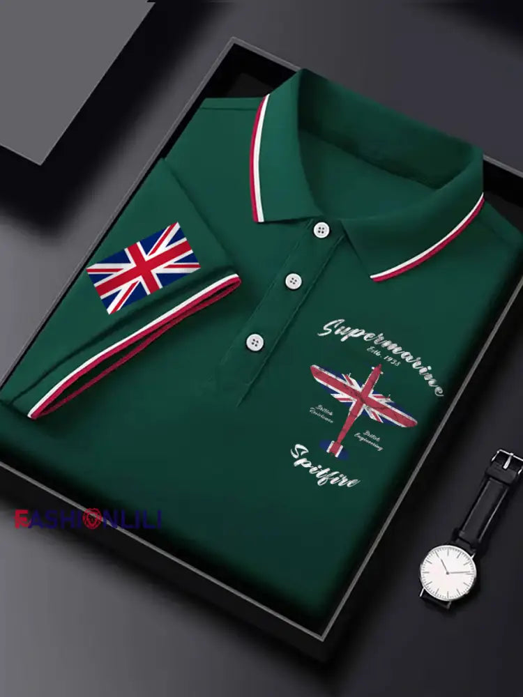 Men’s Vintage Supermarine Spitfire British Flag Print Casual Top Dark Green / S