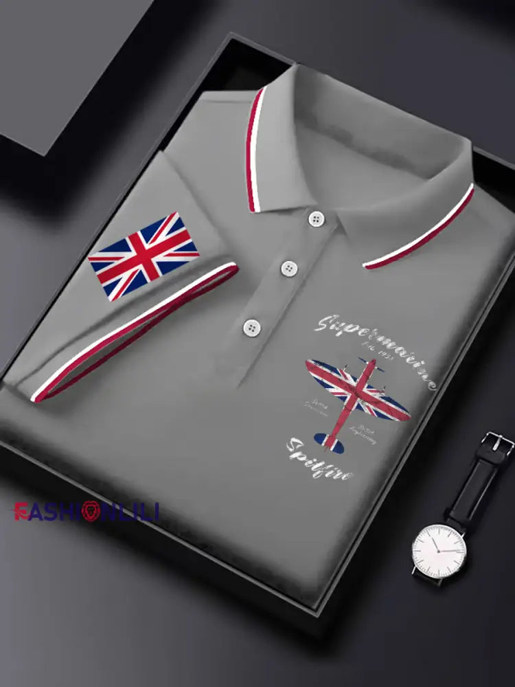 Men’s Vintage Supermarine Spitfire British Flag Print Casual Top Gray / S