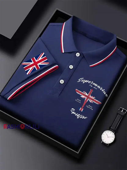 Men’s Vintage Supermarine Spitfire British Flag Print Casual Top Navy Blue / S
