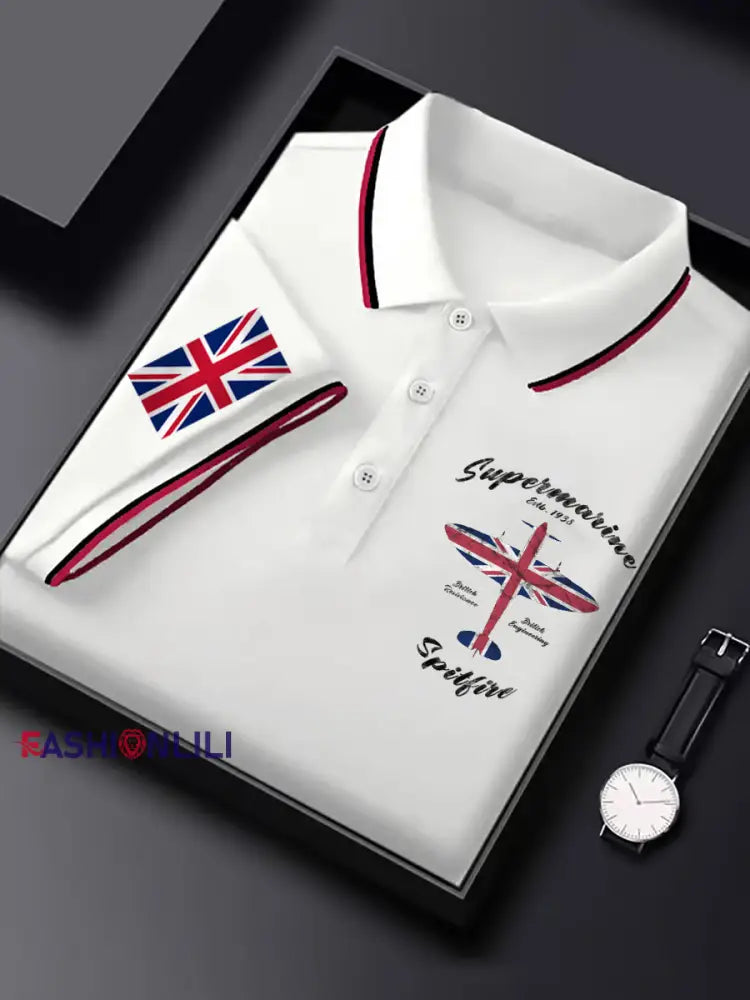 Men’s Vintage Supermarine Spitfire British Flag Print Casual Top White / S