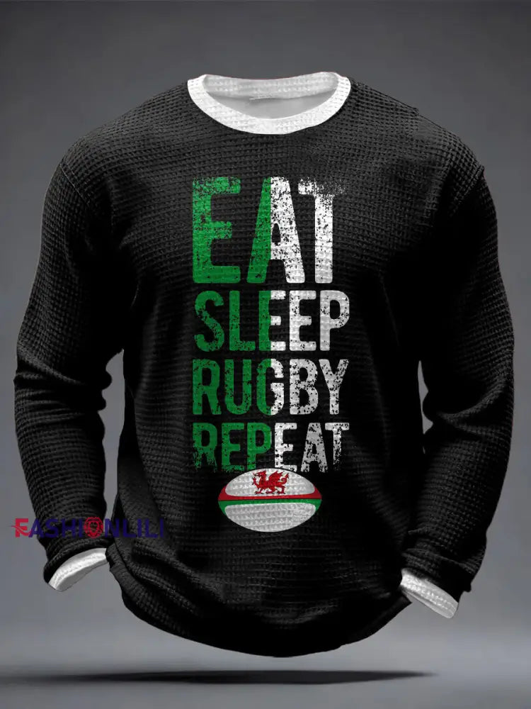 Men’s Wales Rugby Lover CYMRU Print Waffle Tops Black / S