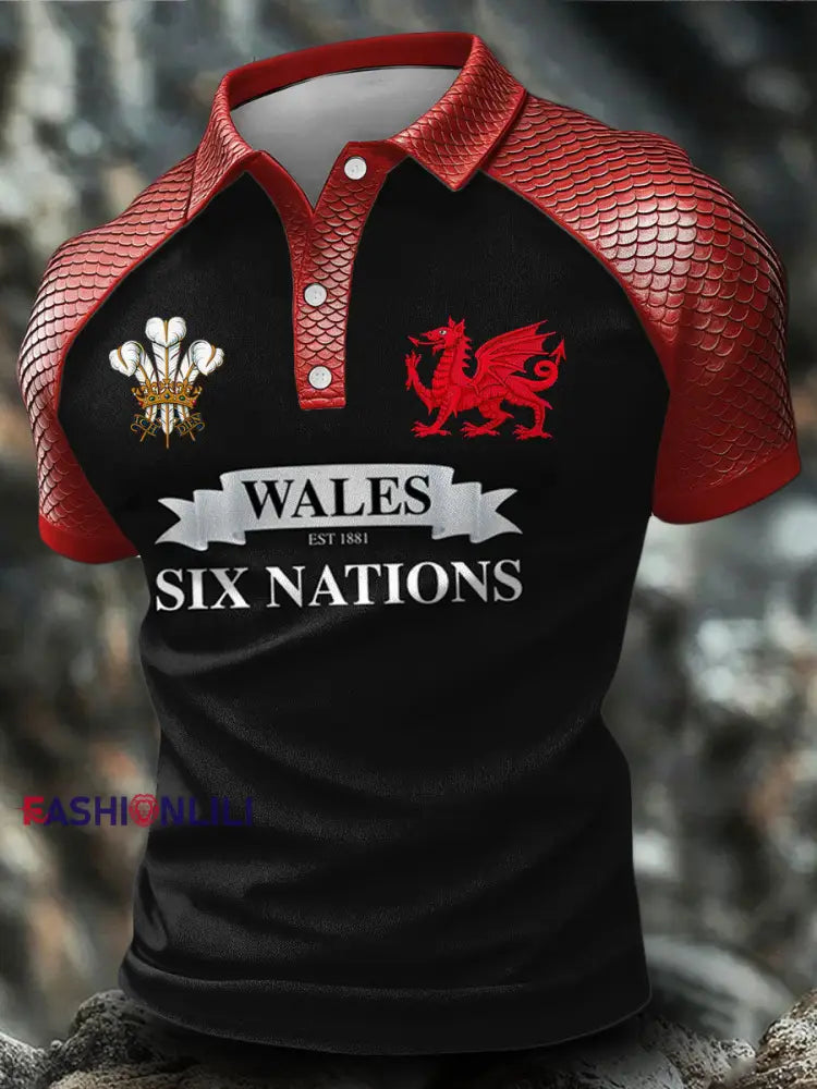 Men’s Wales Welsh Rugby Lover Dragon Art Printed Casual Tops Black / S