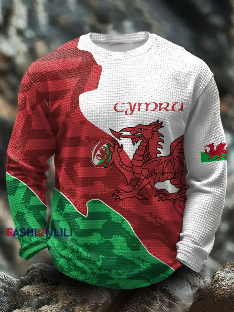 Men’s Wales Welsh Rugby Lover Printed Waffle Tops White / S