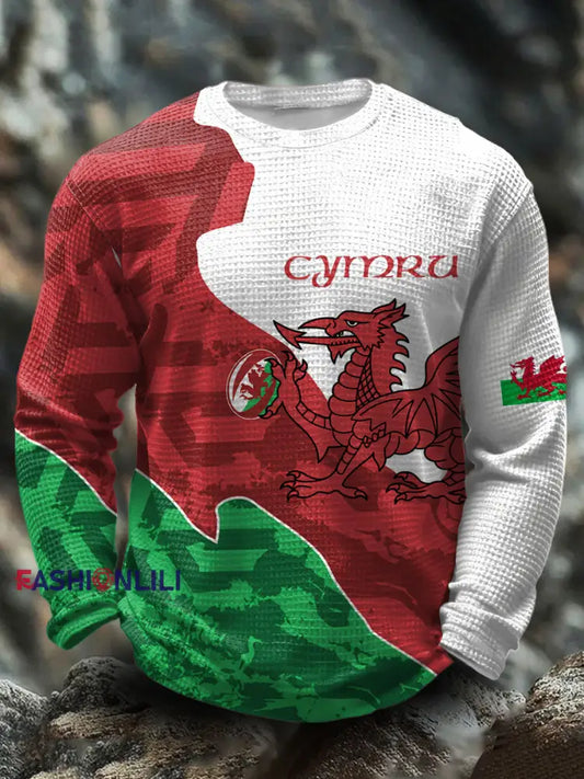 Men’s Wales Welsh Rugby Lover Printed Waffle Tops White / S