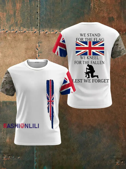 Men’s We Stand For The Flag We Kneel For The Fallen Lest We Forget UK Flag Camouflage Print Casual Tee White / S