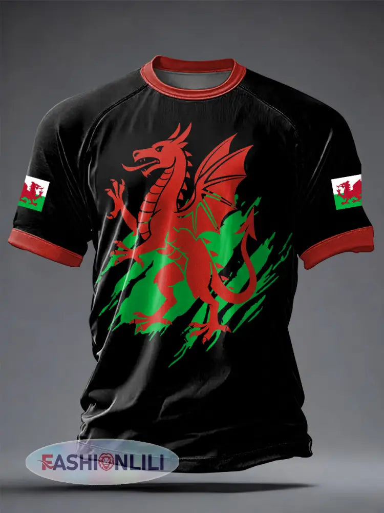 Men’s Welsh Dragon Printed Casual short sleeves t-shirt - Black / S