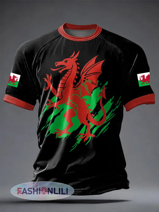 Men’s Welsh Dragon Printed Casual short sleeves t-shirt - Black / S