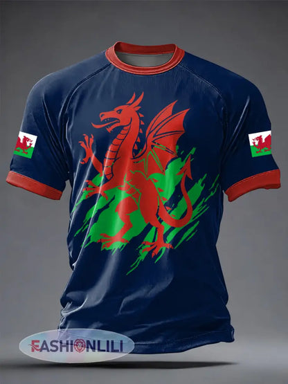 Men’s Welsh Dragon Printed Casual short sleeves t-shirt - Dark Blue / S