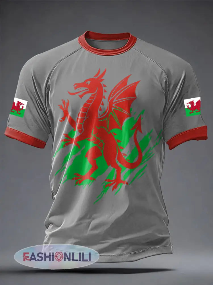 Men’s Welsh Dragon Printed Casual short sleeves t-shirt - Gray / S