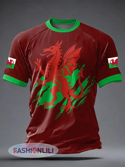 Men’s Welsh Dragon Printed Casual short sleeves t-shirt - Red / S