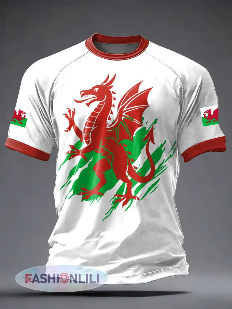Men’s Welsh Dragon Printed Casual short sleeves t-shirt - White / S