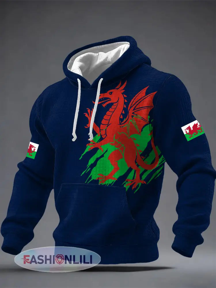 Men’s Welsh Dragon Printed Hoodie - Dark Blue / S