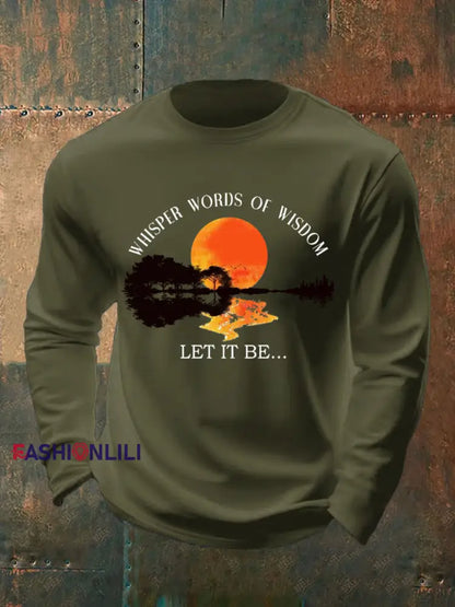 Men’s Whisper Words of Wisdom Let it Be Beatles Guitar Print Casual Long Sleeve T-shirt Army Green / S