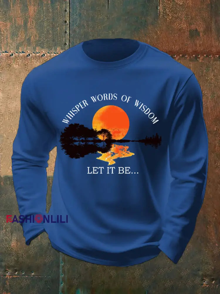 Men’s Whisper Words of Wisdom Let it Be Beatles Guitar Print Casual Long Sleeve T-shirt Blue / S