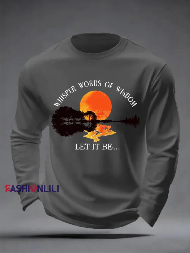 Men’s Whisper Words of Wisdom Let it Be Beatles Guitar Print Casual Long Sleeve T-shirt Gray / S