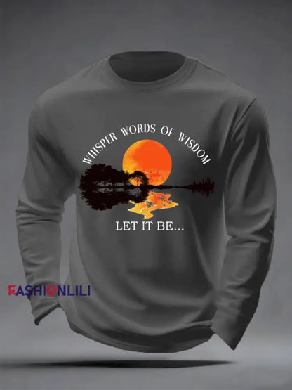 Men’s Whisper Words of Wisdom Let it Be Beatles Guitar Print Casual Long Sleeve T-shirt Gray / S