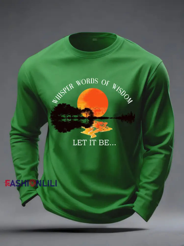 Men’s Whisper Words of Wisdom Let it Be Beatles Guitar Print Casual Long Sleeve T-shirt Green / S