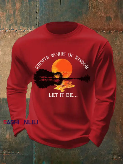 Men’s Whisper Words of Wisdom Let it Be Beatles Guitar Print Casual Long Sleeve T-shirt Red / S