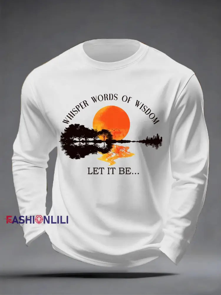 Men’s Whisper Words of Wisdom Let it Be Beatles Guitar Print Casual Long Sleeve T-shirt White / S