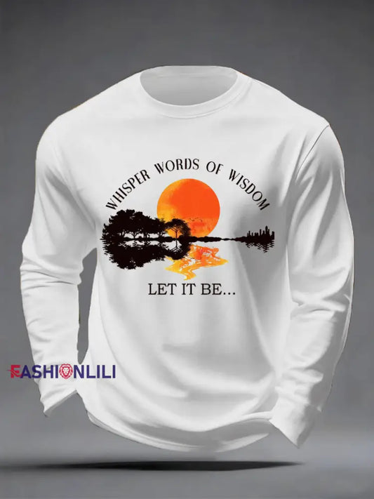 Men’s Whisper Words of Wisdom Let it Be Beatles Guitar Print Casual Long Sleeve T-shirt White / S