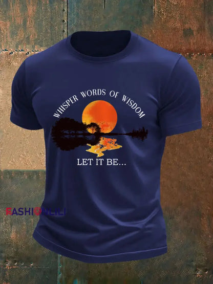 Men’s Whisper Words of Wisdom Let it Be Beatles Guitar Print Casual Tee Navy Blue / S