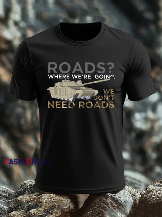 Men’s Who Needs Roads imitation cotton short-sleeved T-shirt Black / S