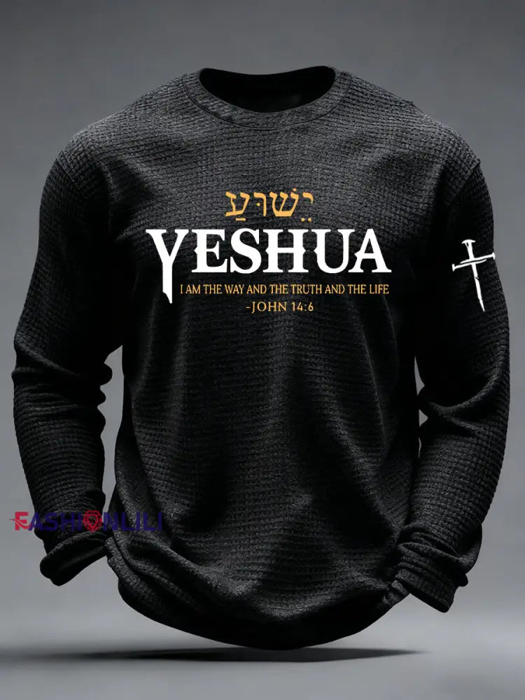 Men’s Yeshua Christian The Way The Truth & The Life John 14:6 Cross Waffle Long Sleeve T-Shirt Black / S