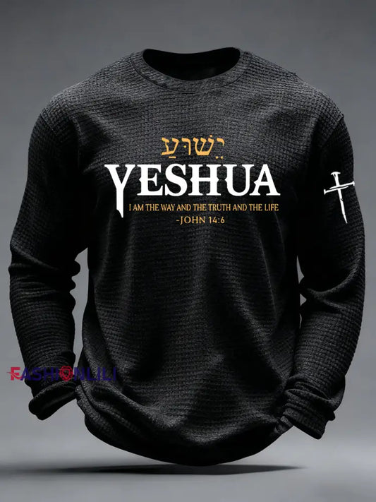 Men’s Yeshua Christian The Way The Truth & The Life John 14:6 Cross Waffle Long Sleeve T-Shirt Black / S