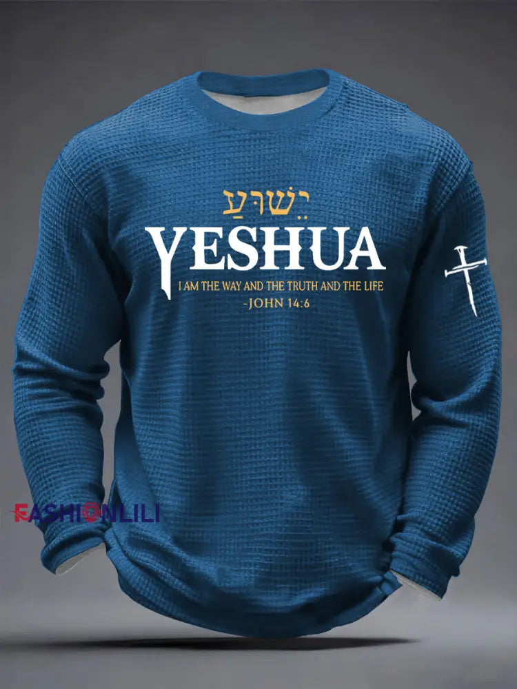 Men’s Yeshua Christian The Way The Truth & The Life John 14:6 Cross Waffle Long Sleeve T-Shirt Blue / S