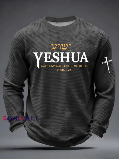 Men’s Yeshua Christian The Way The Truth & The Life John 14:6 Cross Waffle Long Sleeve T-Shirt Dark Gray / S