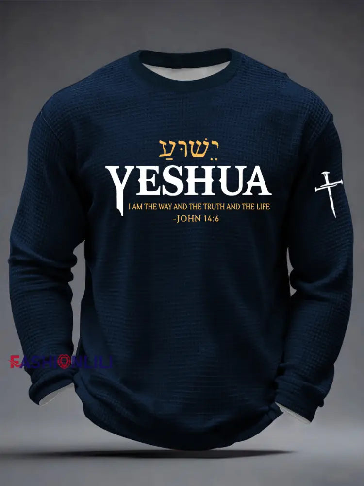 Men’s Yeshua Christian The Way The Truth & The Life John 14:6 Cross Waffle Long Sleeve T-Shirt Navy Blue / S