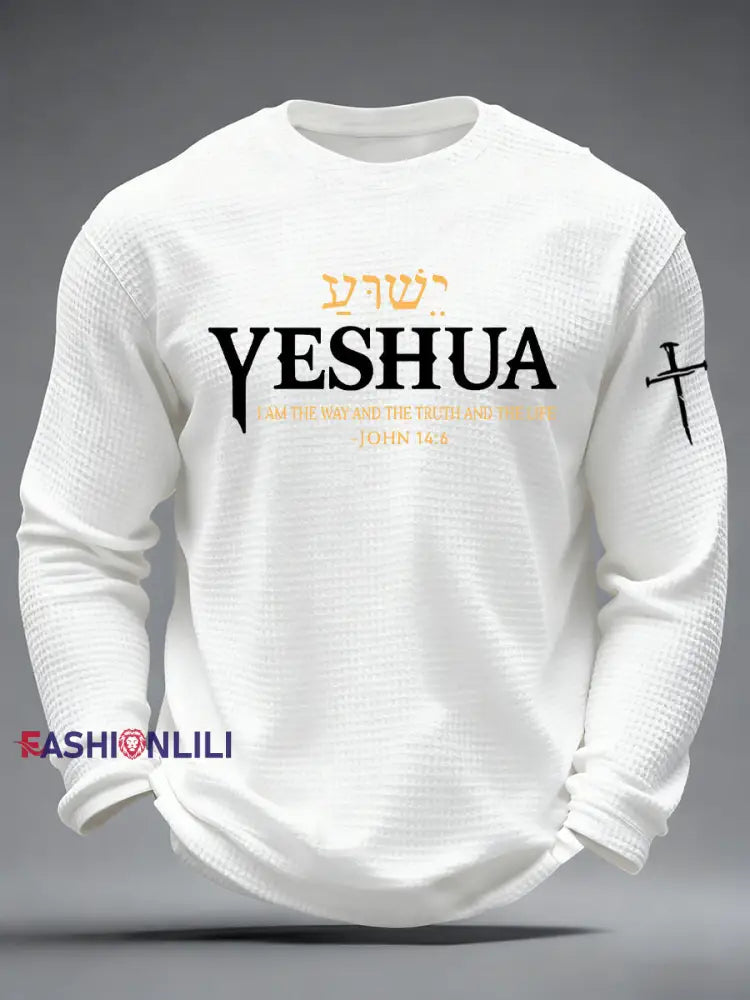 Men’s Yeshua Christian The Way The Truth & The Life John 14:6 Cross Waffle Long Sleeve T-Shirt White / S