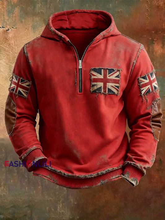 Men’sbritish flag patchwork Printed Hoodless drawstring sweatshirt Red / S