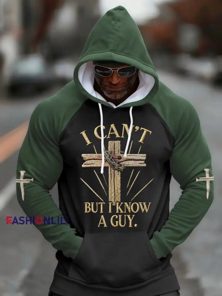 Men’sI Can’t But I Know A Guy Cross Print Casual Hoodie Black-Gray / S