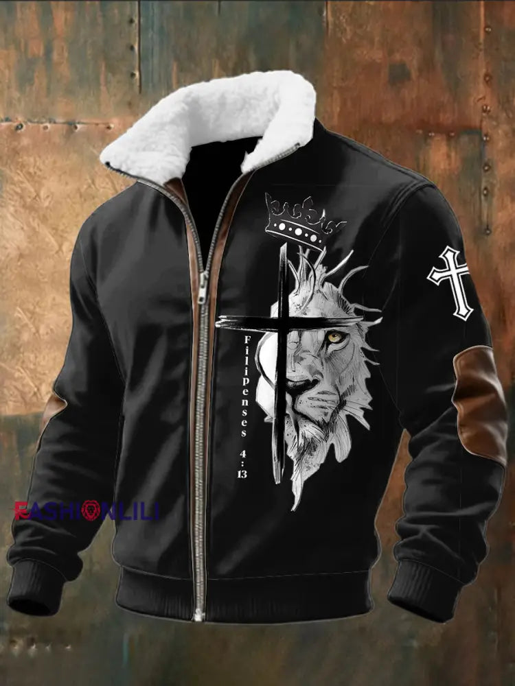 Retro Abstract Jesus Lion Lamb Fur Zipper Jacket Black / S