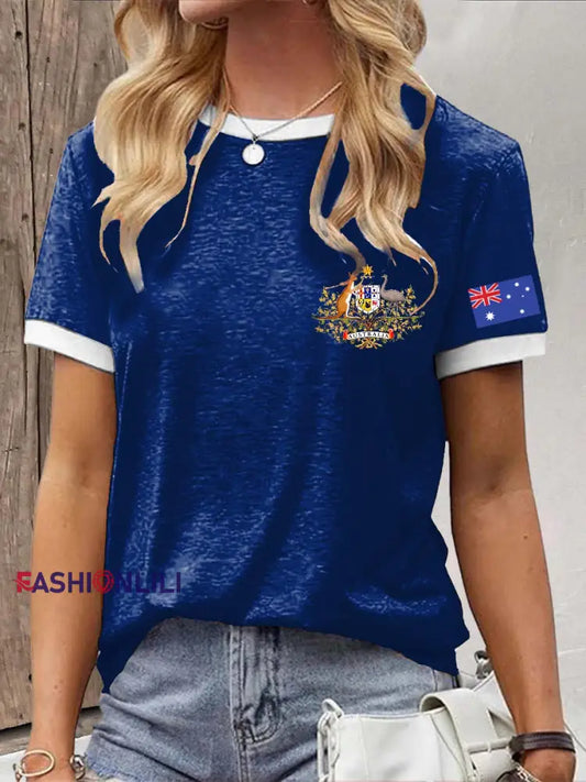 Retro Australian Flag Badge Line Print Casual Cotton Short Sleeve T-Shirt Navy Blue / S