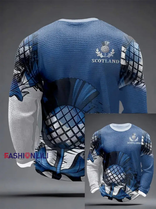 Retro British Football Scotland Print Casual Cotton Waffle-Weave Top Blue / S