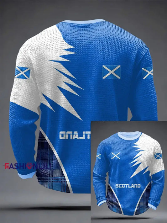 Retro British Football Scotland Print Casual Cotton Waffle-Weave Top Blue / S