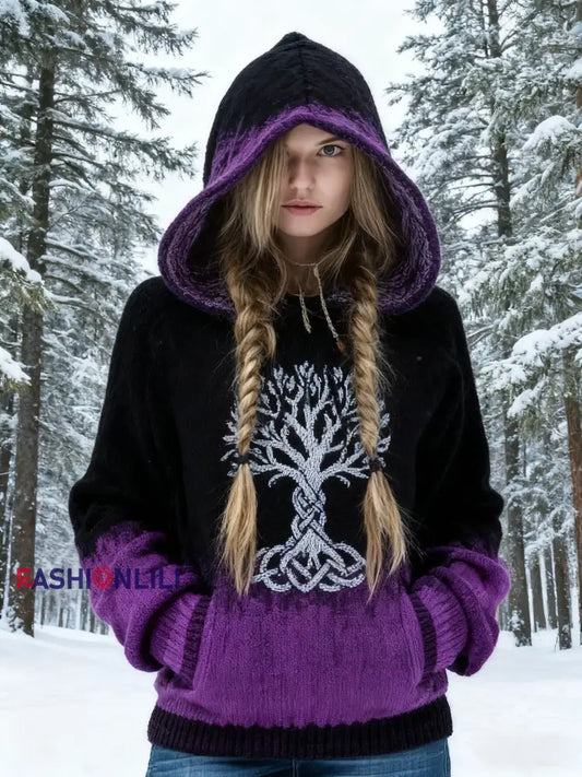 Retro Celtic Knot Tree Of Life Gradient Print Hooded Sweatshirt Purple / S
