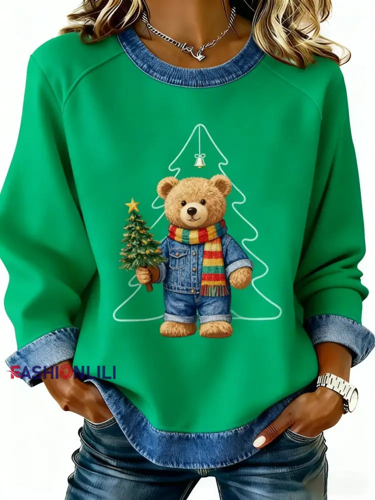Retro Christmas Cute Bear Christmas Tree Denim Patchwork Design Printed Casual Loose Long Sleeve Sweatshirt Green / S