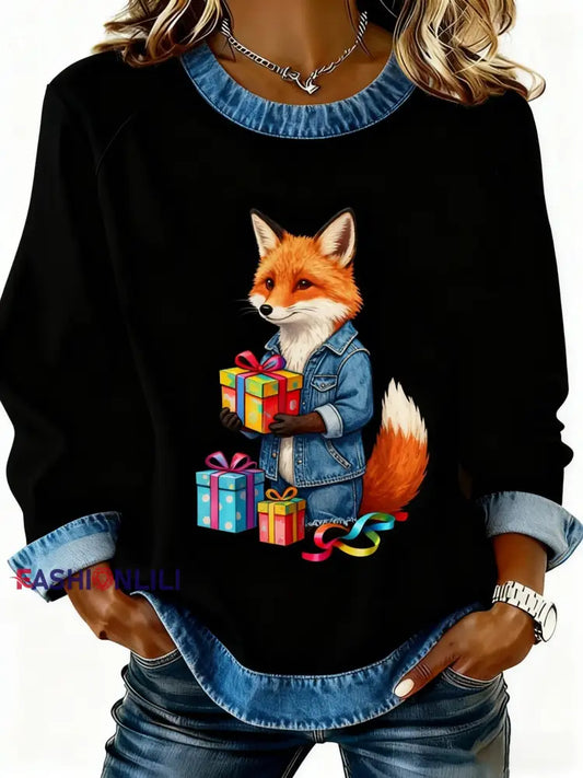 Retro Christmas Cute Fox Patchwork Design Printed Casual Loose Long Sleeve Sweatshirt Black / S