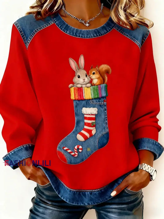 Retro Christmas Cute Rabbit Squirrel Patchwork Design Printed Casual Loose Long Sleeve Sweatshirt Red / S