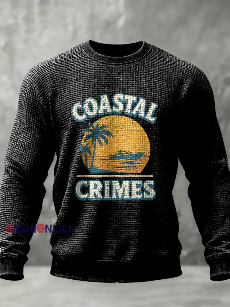 Retro Coastal Crime Casual Waffle-Weave Crewneck Pullover Black / S