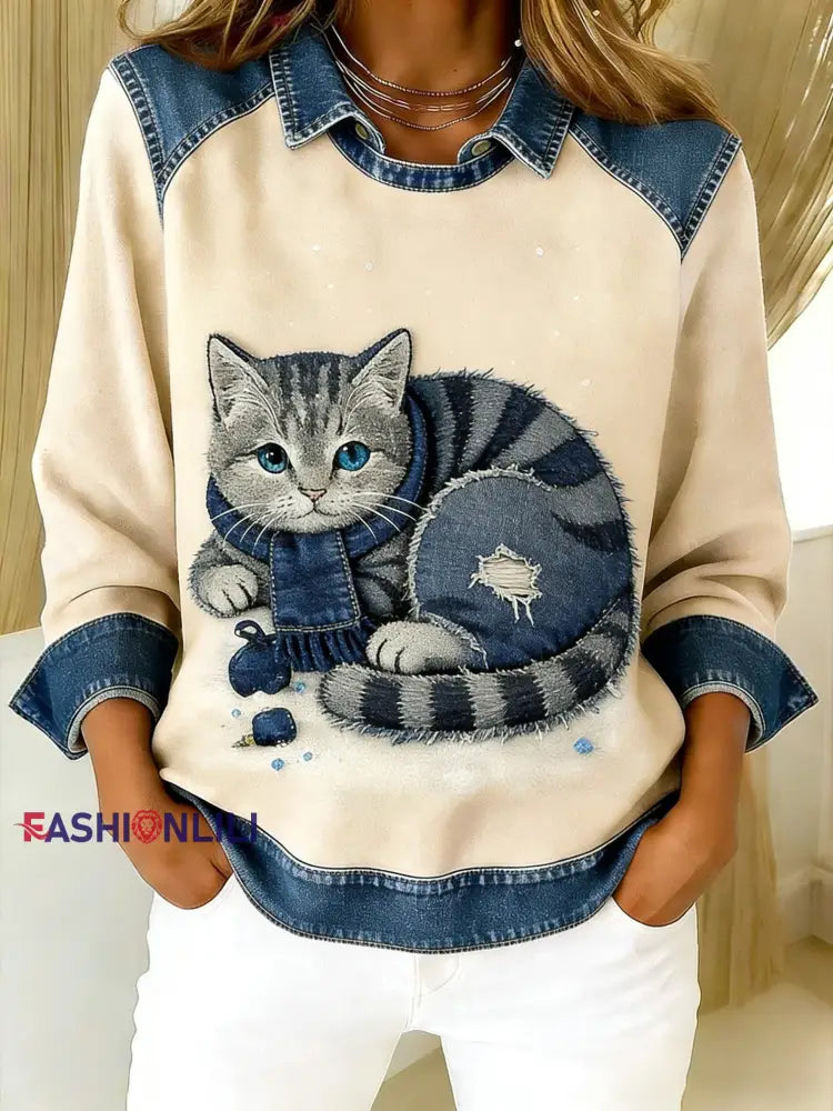 Retro Cute Cat Denim Scarf Patchwork Printed Casual Loose Long Sleeve Lapel Sweatshirt Apricot / S