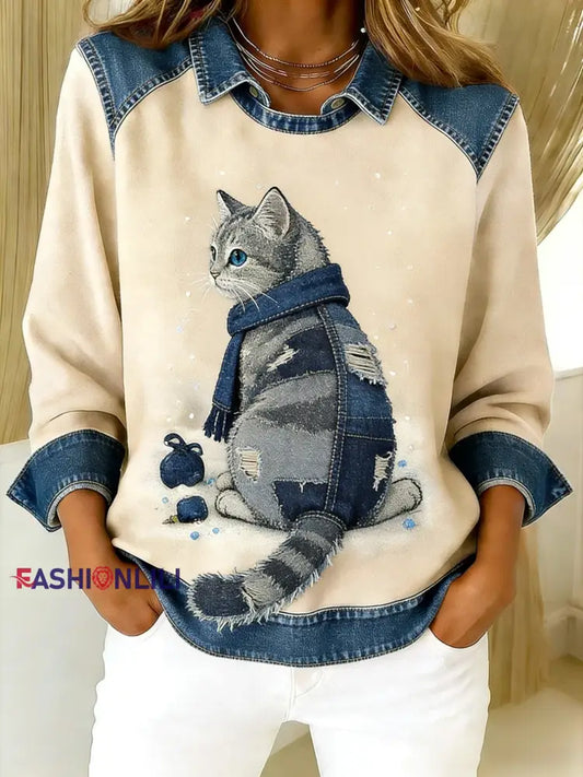 Retro Cute Cat Denim Scarf Patchwork Printed Casual Loose Long Sleeve Lapel Sweatshirt Apricot / S