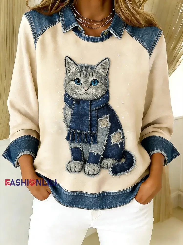 Retro Cute Cat Denim Scarf Patchwork Printed Casual Loose Long Sleeve Lapel Sweatshirt Apricot / S