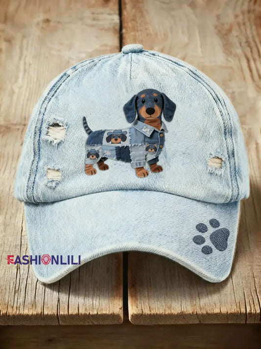 Retro Cute Dachshund Cowboy Print Washed Cap Blue / ONE