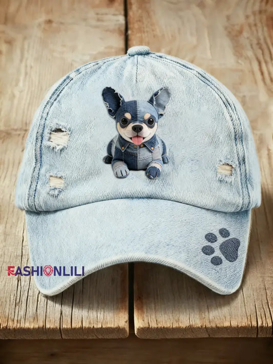 Retro Cute Dog Chihuahua Cowboy Print Washed Cap Blue / ONE